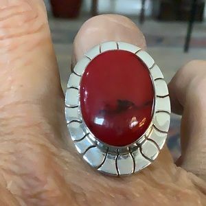 Sterling Silver Cornelian stone ring. Vibrant red with blue streak.